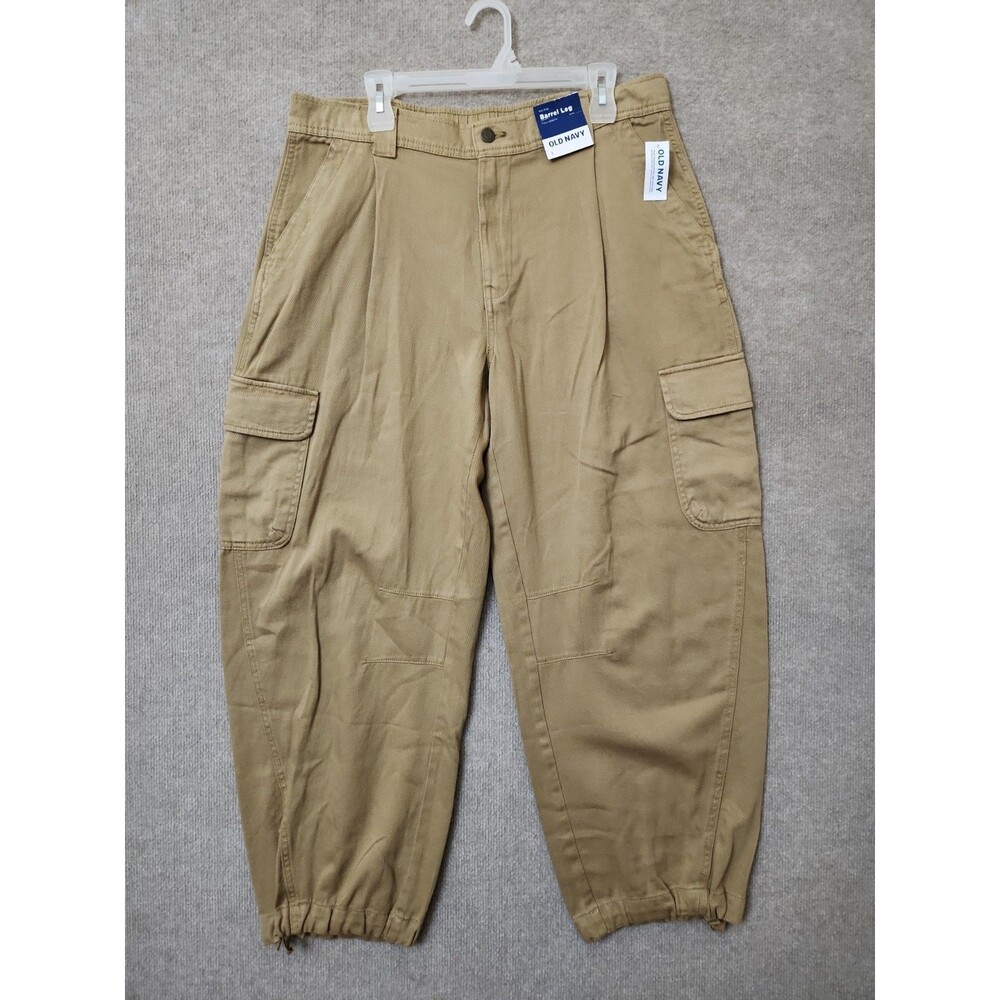 Old Navy Twill Barrel Cargo Pants Womens L Teakwood Brown Pleated Jogger NEW - Picture 2 of 12